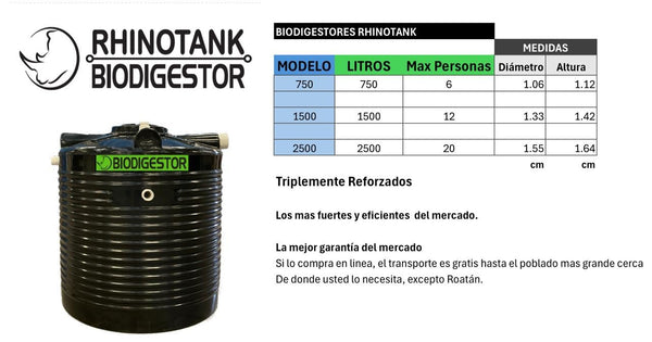 Biodigestor RHINOTANK 1500 Lts para tratar aguas negras, Autolimpiable.  12 Personas.