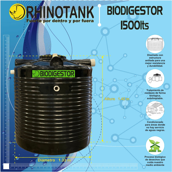 Biodigestor RHINOTANK 1500 Lts para tratar aguas negras, Autolimpiable.  12 Personas.