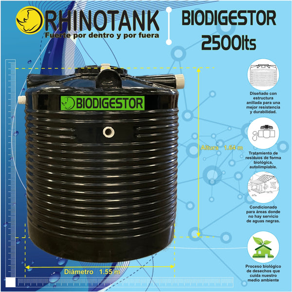 Biodigestor RHINOTANK 2500 Lts para tratar aguas negras, Autolimpiable.  20 Personas
