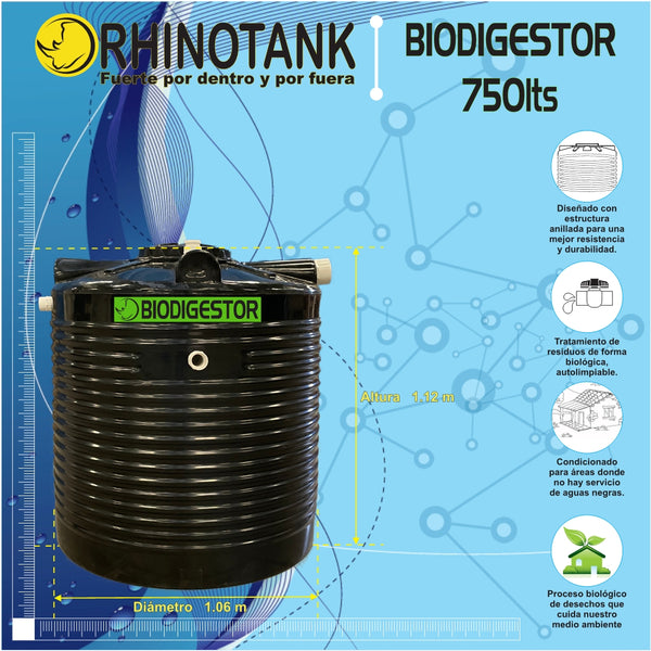 Biodigestor RHINOTANK 750 Lts para tratar aguas negras, Autolimpiable.   6 Personas.